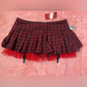 Royal Bones by Tripp Red Black Plaid Mini SkirtTulle & Garter Straps XL NWT
